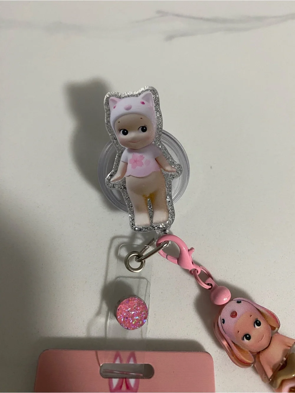 Pink Cute Doll Charm ID Badge Holder with Beaded Accent
